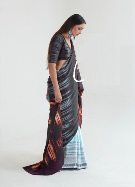 Black & Light Blue Satin Silk Digitally Printed Vibrant Saree
