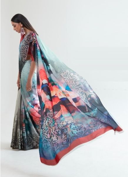 Multicolor Satin Silk Digitally Printed Vibrant Saree