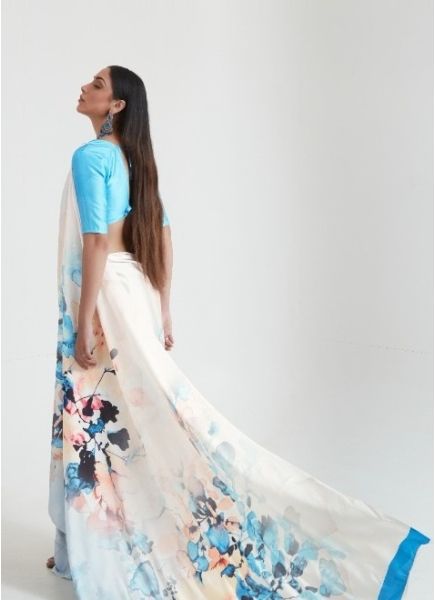 White & Light Blue Satin Silk Digitally Printed Vibrant Saree