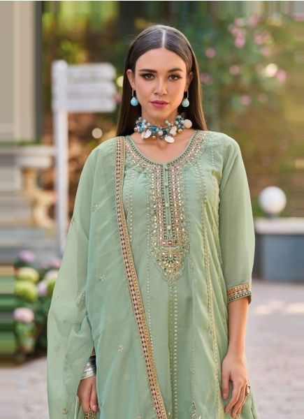 Mint Green Pure Shimmer Organza Embroidered Party-Wear Readymade Dhoti-Pant Salwar Kameez