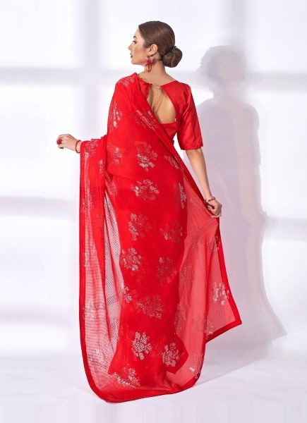 Red Georgette Sequins-Work Party-Wear Saree