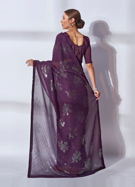 Dark Purple Georgette Sequins-Work Party-Wear Saree