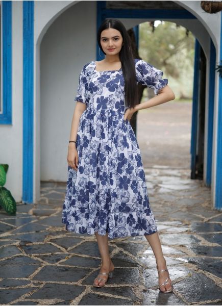White & Blue Georgette Digitally Printed Beach-Wear Maxi Dress
