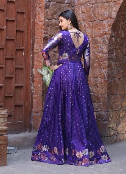 Violet Woven Silk Floor-Length Readymade Gown For Traditional / Religious Occasions