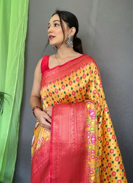 Yellow & Red Digitally Printed Kanjivaram Silk Saree For Traditional / Religious Occasions