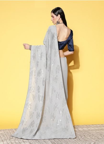 Light Silver Gray Georgette Sequins-Work Party-Wear Saree