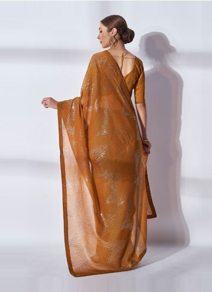 Copper Brown Georgette Sequins-Work Saree For Kitty Parties