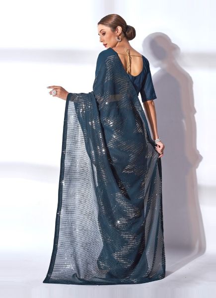 Sea Blue Georgette Sequins-Work Saree For Kitty Parties