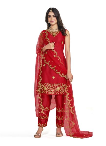 Red Net With Coding, Embroidery & Mirror-Work Ramadan-Special Pant-Bottom Salwar Kameez