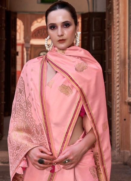Light Coral Satin Zari Silk Weaving Festive-Wear Saree