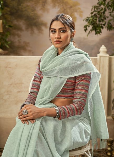 Light Mint Green Linen Party-Wear Fashionable Saree With Printed Blouse