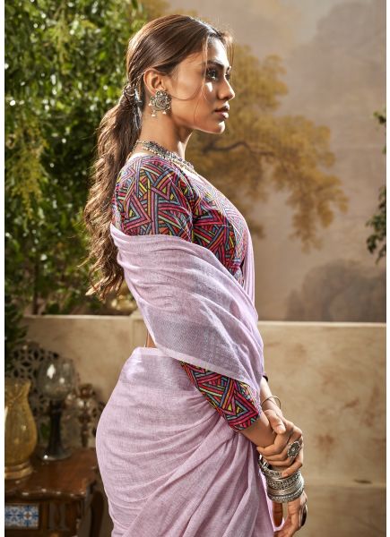 Pink Linen Party-Wear Fashionable Saree With Printed Blouse