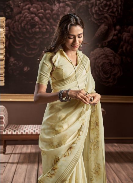Cream Pure Handloom Silk Digitally Printed Party-Wear Floral Saree