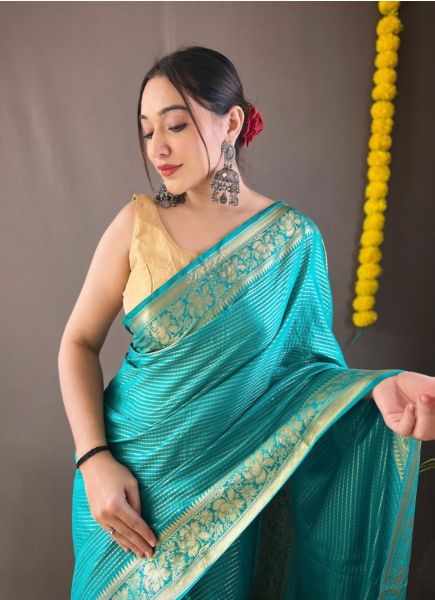 Aqua Soft Woven Silk Saree For Traditional / Religious Occasions