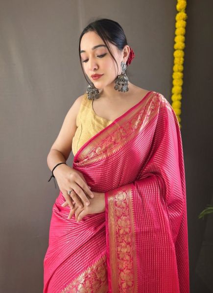 Dark Pink Soft Woven Silk Saree For Traditional / Religious Occasions