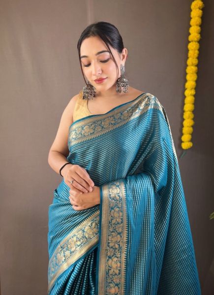 Sea Blue Soft Woven Silk Saree For Traditional / Religious Occasions