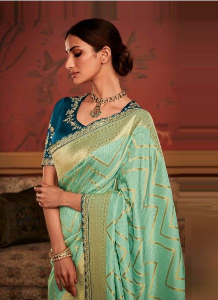 Mint Green Dola Silk Embroidered Party-Wear Saree