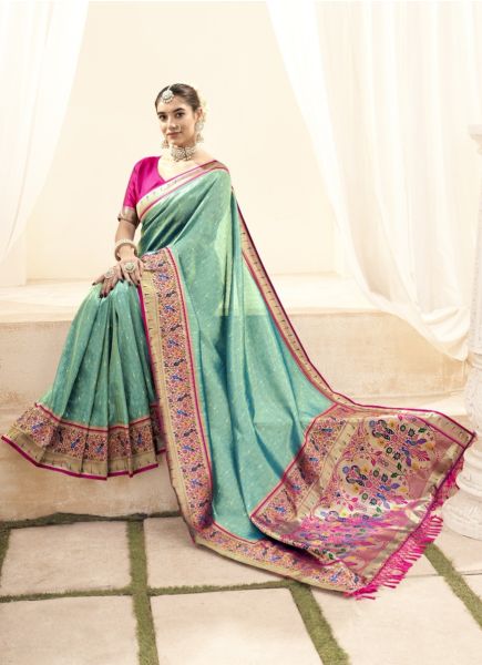 Teal Blue Woven Paithani Tissue Silk Saree For Traditional / Religious Occasions