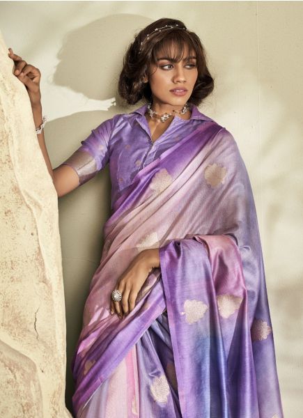 Purple Pure Handloom Khadi Silk Digitally Printed Party-Wear Saree
