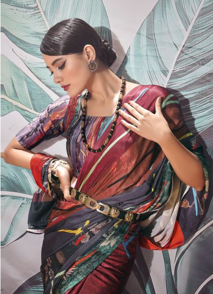 Multicolor Satin Crape Digitally Printed Party-Wear Saree
