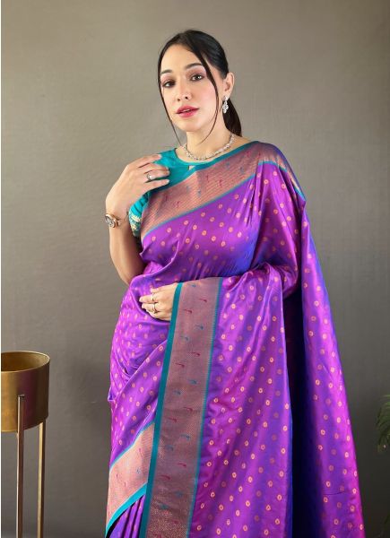 Violet Woven Paithani Silk Saree For Traditional / Religious Occasions