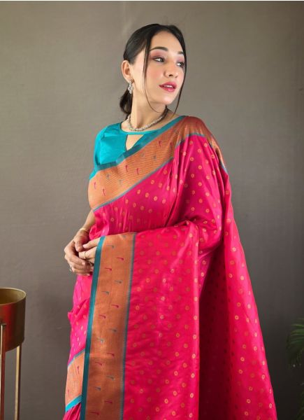 Pink Red Woven Paithani Silk Saree For Traditional / Religious Occasions