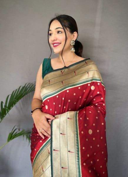 Red Paithani Silk Weaving Festive-Wear Saree