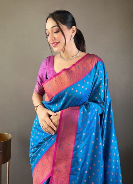 Royal Blue Woven Paithani Silk Saree For Traditional / Religious Occasions