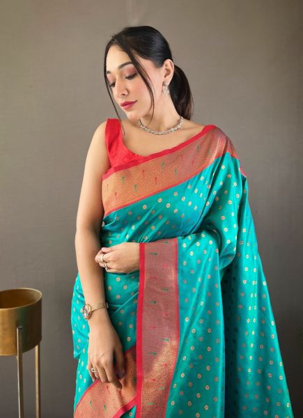 Aqua Woven Paithani Silk Saree For Traditional / Religious Occasions