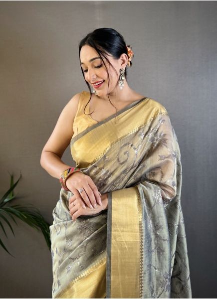 Gray Zari Weaving Festive-Wear Tissue Saree