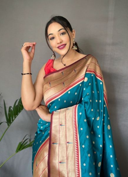 Sky Blue Paithani Silk Weaving Festive-Wear Saree