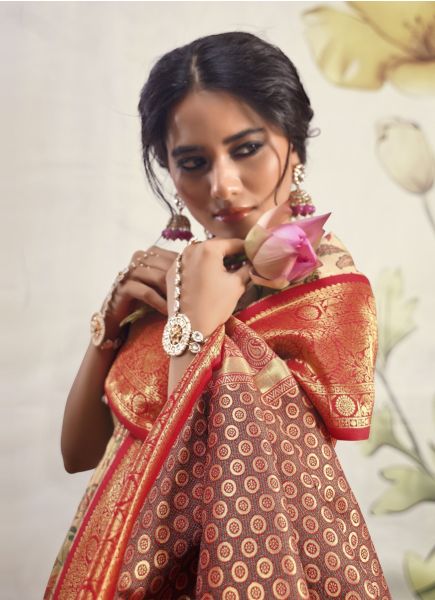 Cream & Red Dharmavaram Banarasi Silk Weaving Saree For Traditional / Religious Occasions