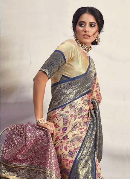 Cream & Blue Dharmavaram Banarasi Silk Weaving Saree For Traditional / Religious Occasions
