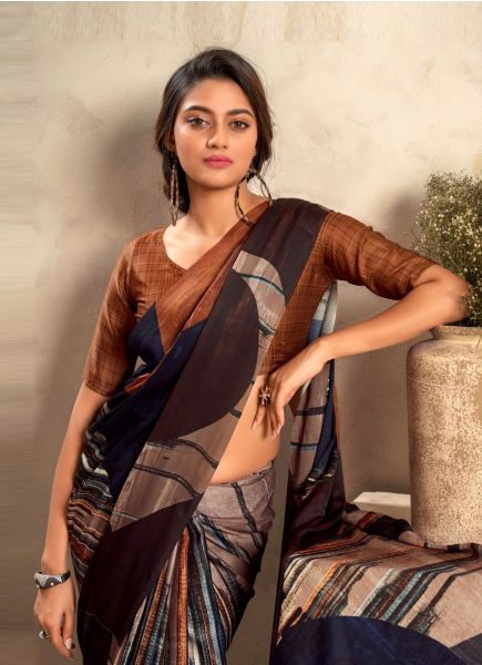 Brown Soft Satin Silk Digitally Printed Party-Wear Saree