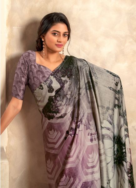 Mauve Soft Satin Silk Digitally Printed Party-Wear Saree