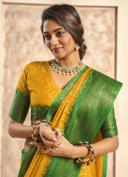 Yellow Woven Soft Silk Saree For Traditional / Religious Occasions