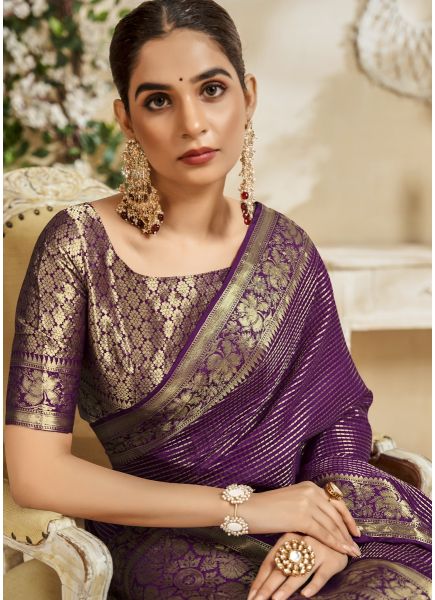 Dark Purple Woven Banarasi Silk Saree For Traditional / Religious Occasions