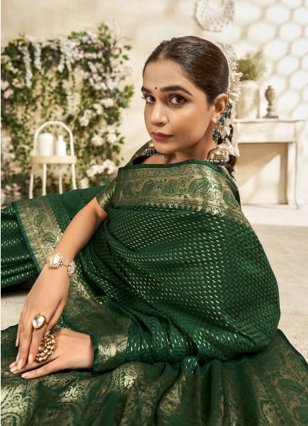 Dark Green Woven Banarasi Silk Saree For Traditional / Religious Occasions