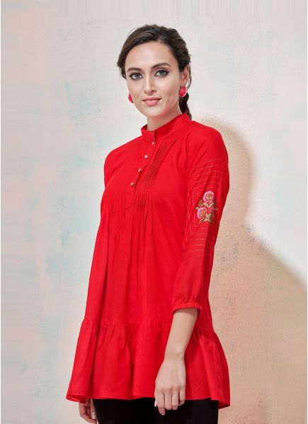 Red Rayon Thread-Work College-Wear Readymade Short Top