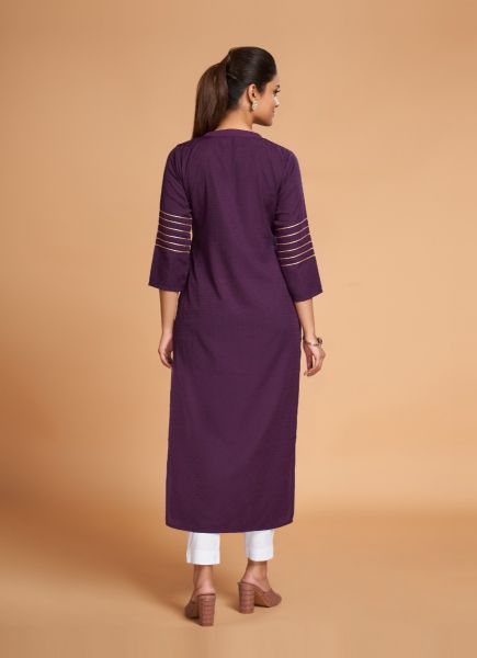 Dark Purple Silk Weaving Festive-Wear Readymade Straight-Line Kurti