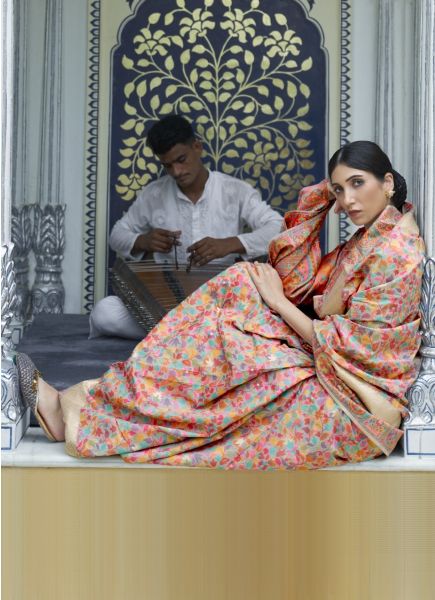 Light Peach Kashmiri Modal Handloom Woven Saree For Traditional / Religious Occasions