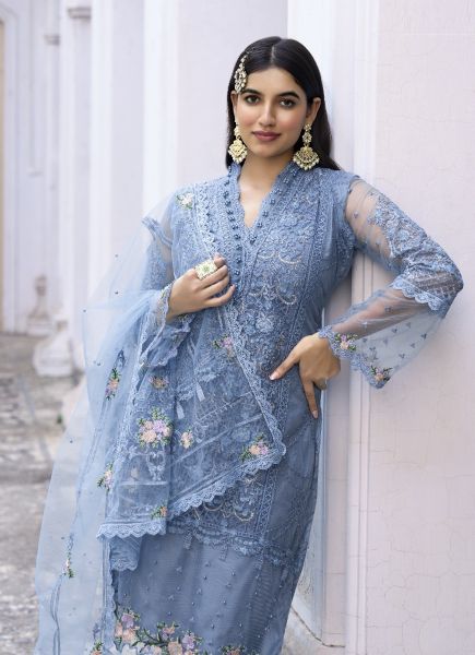 Steel Blue Net Embroidered Party-Wear Pakistani Salwar Kameez