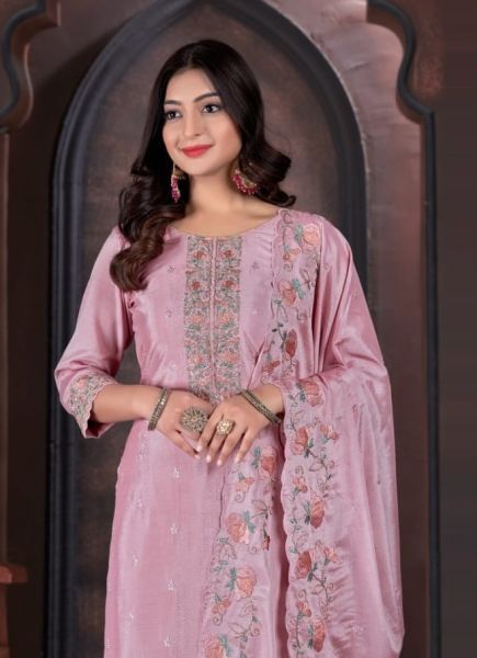 Pink Chinon Thread-Work Festive-Wear Straight-Cut Salwar Kameez