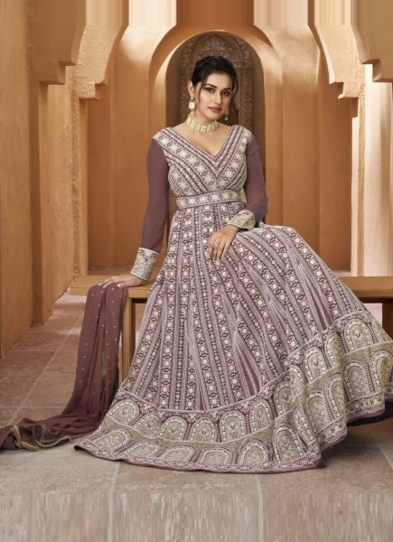Dark Mauve Chikankari-Work Ramadan-Special Readymade Gown With Dupatta (Can-Can Included)