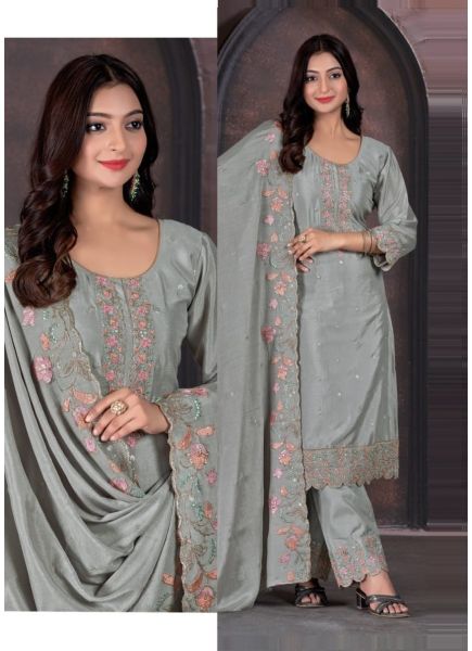Gray Chinon Thread-Work Festive-Wear Straight-Cut Salwar Kameez