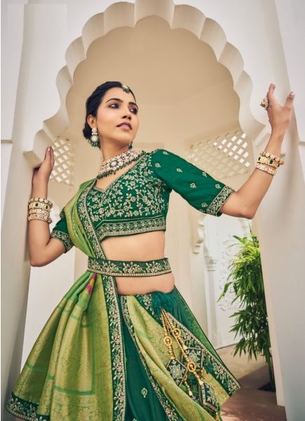 Green Viscose Silk Wedding-Wear Lehenga Choli With Belt