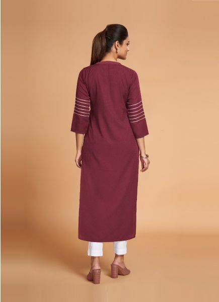 Wine Red Silk Readymade Straight-Line Kurti For Wearing In Office