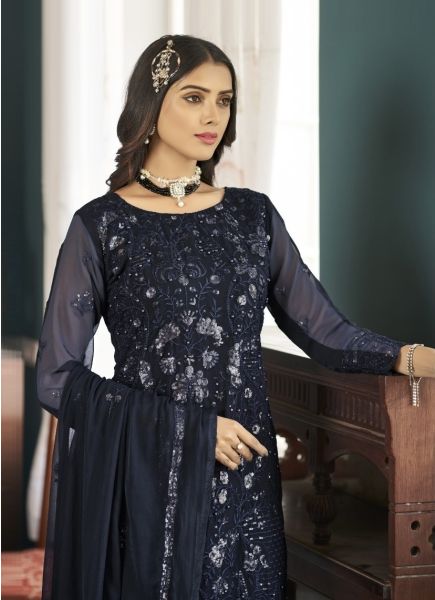 Dark Blue Faux Georgette Embroidered Festive-Wear Pakistani Salwar Kameez