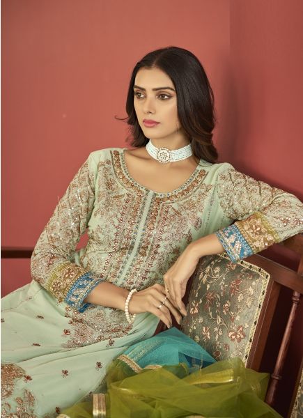 Celadon Faux Georgette Embroidered Festive-Wear Pakistani Salwar Kameez