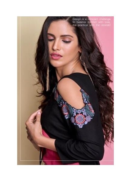 Pink & Black Rayon Embroidered Readymade Short Top For Wearing In College & Office